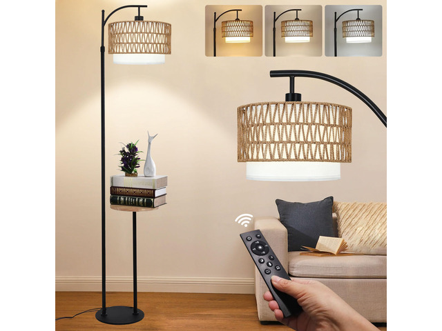 Arc Floor Lamp with Table and Shelves,Rattan Boho Floor Lamp with Remote Control,Rustic Floor Lamps for Bedroom Wicker Standing Lamp with 3 Color...