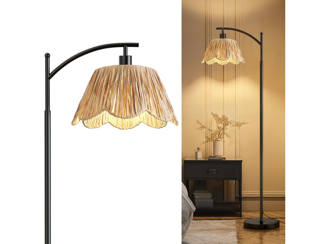 Arc Floor Lamp for Living Room,Rattan Boho Floor Lamp with Hand-Woven Shade, Foot Switch,Black Metal Base & Pole,Farmhouse Standing Lamp for...
