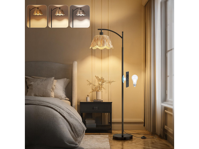 Arc Floor Lamp for Living Room with 3 Color Temperatures, Rattan Boho Floor Lamp with Hand-Woven Wicker Shade,Farmhouse Floor Lamps with Remote &...