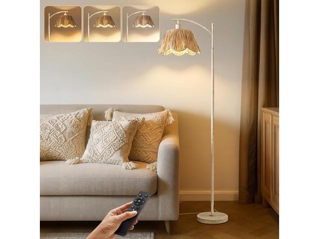 Rattan Floor Lamp for Living Room with 3 Color Temperatures, Boho Floor Lamp for Bedroom with Remote & Dimmable Bulb, Farmhouse Standing Lamp for...