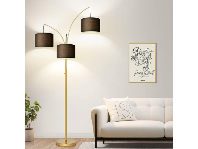 Dimmable Floor Lamp - 3 Lights Gold Arc Floor Lamps for Living Room, 1000LM Modern Tall Standing Lamp With Black Shades & Heavy Base, Mid Century...