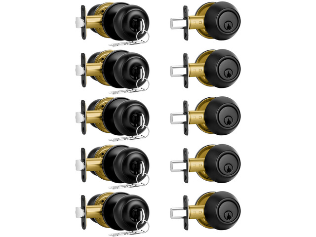 5 Pack Front Door Lock Set Matte Black,Exterior Door Lock Set with Deadbolt,Single Cylinder Deadbolt Lock and Door Knob Set,Keyed Alike Door Knobs...
