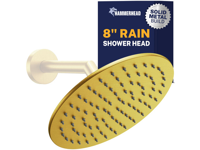 Solid Metal Round 8 Inch Rainfall Shower Head, High Flow Shower Head Optimized for Pressure, Brushed Gold, 2.5 GPM