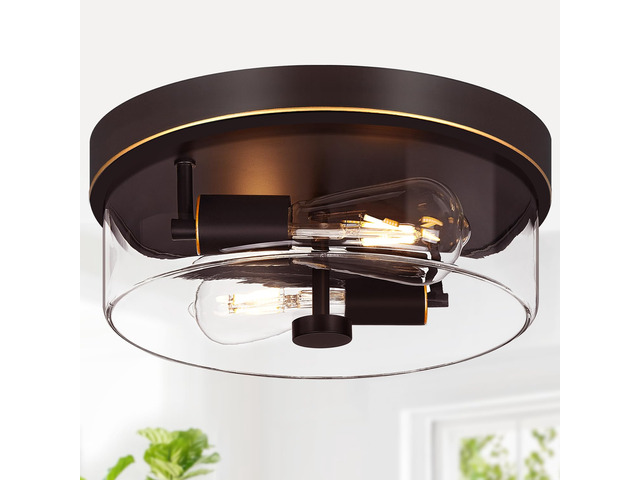 Flush Mount Ceiling Light Fixtures, 2-Light Oil Rubbed Bronze Ceiling Mount for Farmhouse with Clear Glass Lampshade, Industrial Flush Mount Light...