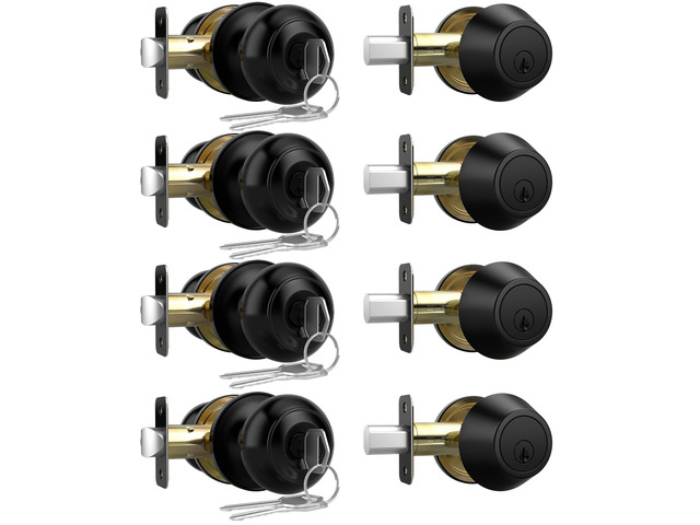 Exterior Door Knob with Lock, 4 Pack Keyed Entry Front Door Lock Set Keyed Alike Front Door Knob with Single Cylinder Deadbolt Lock Set, Matte...