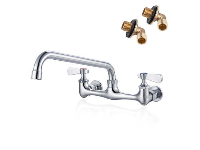 8' Center Wall Mount Commercial Kitchen Sink Faucet 10' Swivel Spout 2 Hole Solid Brass 3 Compartment Sink Faucet, Ceramic Cartridg, 1.8 GPM Swivel...