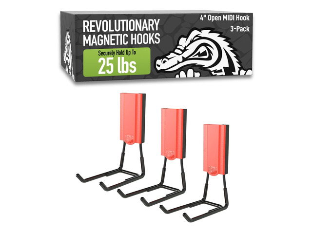 MIDI 4 in Red Open Hooks, 25 lb Magnetic Hooks 3 Pack Patented Easy-Release, Non-Slip Grip. Works on toolboxes, garage, steel cabinets,...