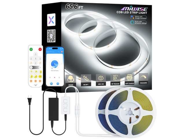 COB LED Strip Lights 65.6ft/20m,UL-Listed CRI 90+ Dimmable 6000K Daylight White Super Bright,with APP Control/RF Remote,Work with Alexa/Google,for...