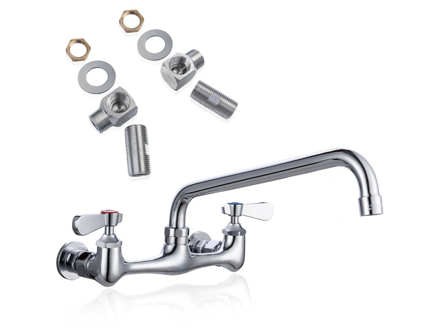 8' Center Wall Mount Commercial Kitchen Sink Faucet with 10' Spout Brass Construction with Chrome Finish, 1.8 GPM Stainless Swivel Spout, Leak-Free...
