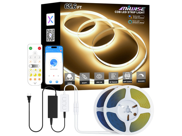 COB LED Strip Lights 65.6ft/20m,UL-Listed CRI 90+ Dimmable 3000K Warm White Super Bright,with APP Control/RF Remote,Work with Alexa/Google,for...