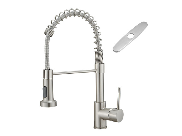 Kitchen Faucets with Deck Plate,Contemporary Single Handle Stainless Steel Brushed Nickel Pull Down Kitchen Sink Faucets