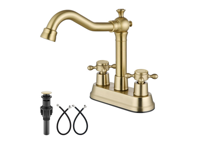 4 Inch Centerset Bathroom Sink Faucet 2 Handle Brushed Gold Swivel Spout,Pop Up Drain,cUPC Hose,for 2 or 3 Hole...