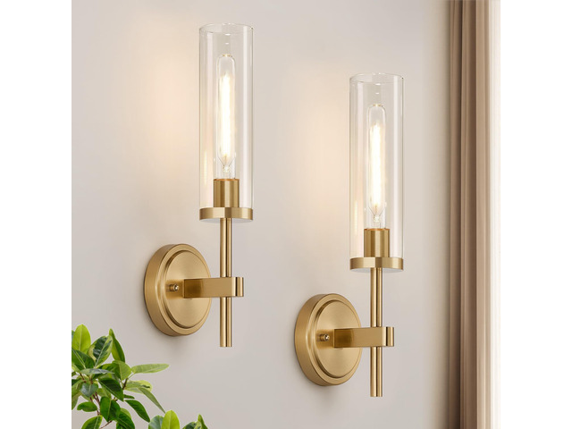 [Hardwired] Wall Sconces Set of Two, Brushed Gold Bathroom Sconces with Clear Glass, Modern Wall Light Fixtures for Bathroom Mirror Vanity, Living...