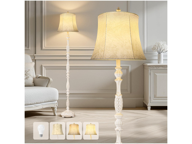 Rustic 66 Wash White Floor Lamp for Living Room Bedroom Resin Carved Standing Lamp with Faux Leather Shade, Adjustable Bulb, Rotary Switch Rustic...