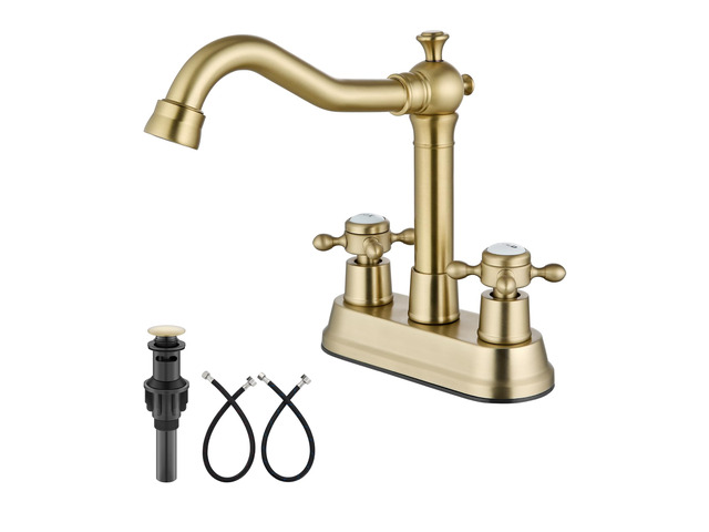 4 Inch Centerset Bathroom Sink Faucet 2 H & C Handle Brushed Gold Swivel Spout,Hot & Cold Label Cross Handle,Pop Up Drain,cUPC Hose,SUS304,for 2 or 3...