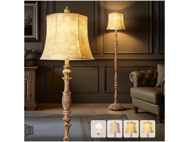 Vintage 66 Tall Floor Lamp for Living Room Bedroom Resin Carved Standing Lamp with Faux Leather Shade, Adjustable Bulb, Rotary Switch Rustic Lamp...