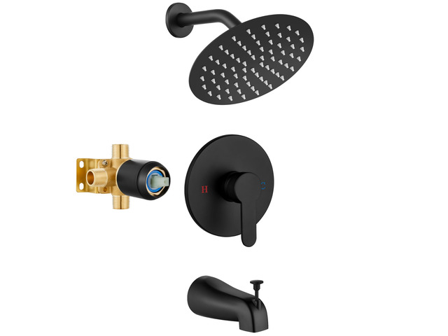 Shower Faucet Set with Tub Spout,8' Bathtub Faucet-Matte Black Male Threads Rough-In Valve,Round Head Shower System,Tub and Shower Kit Set