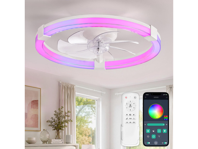 Ceiling Fan with Light,20inch Low Profile Fandelier with Remote RGB RGB,6 Speeds, Reversible DC Motor, Dimmable Flush Mount Fan Light, Modern fans...