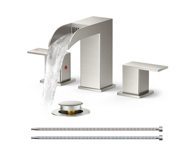 Bathroom Faucet 3 Hole 8 Inch Widespread Vanity Sink Brushed Nickel Square Waterfall Bathroom Sink Faucet Two Handles with Pop-up Drain, Lead-Free,...