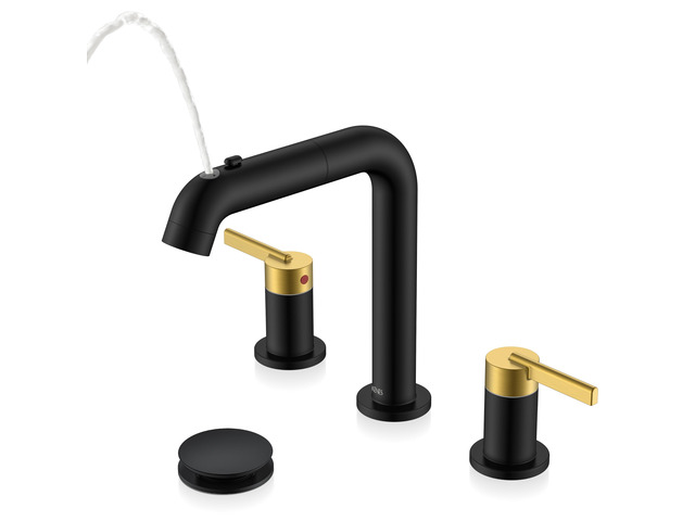 Black and Gold Pull Down Widespread Bathroom Faucet 3 Hole 2 Handle Pull Out Bathroom Faucet with Pop Up Drain & Supply Lines, Lead-Free cUPC & NSF...