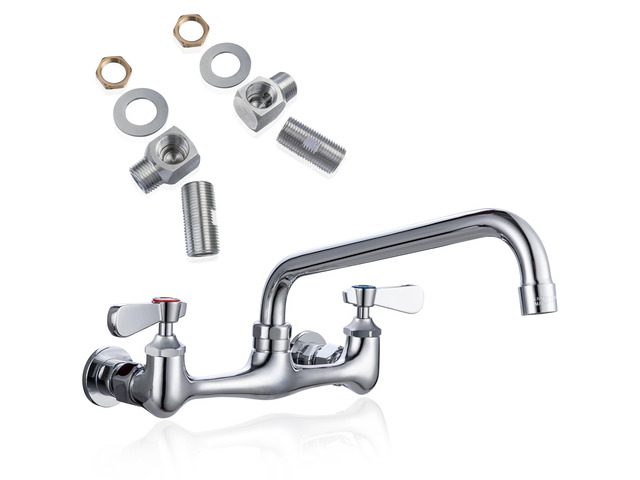8' Center Wall Mount Commercial Kitchen Sink Faucet with 8' Spout Brass Construction with Chrome Finish, 1.8 GPM Stainless Swivel Spout, Leak-Free...