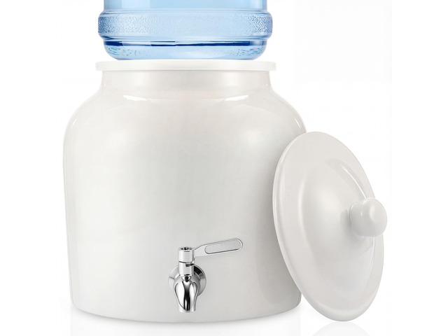 Ceramic Crock Water Dispenser, Regular Style, White, 1 Set Fits 3 to 5 Gallon Jug, Metal Spigot Tap, Decorative Design, Ideal for Home Kitchen...