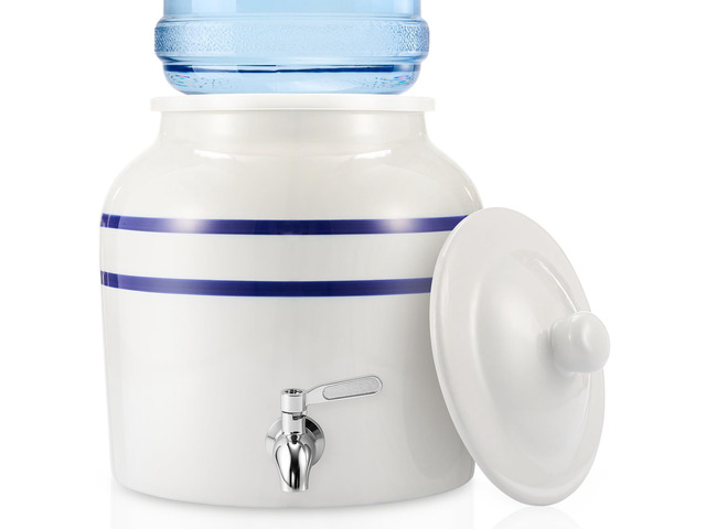 Ceramic Crock Water Dispenser, Striped Style, Blue, 1 Set Fits 3 to 5 Gallon Jug, Metal Spigot Tap, Decorative Design, Ideal for Home Kitchen...