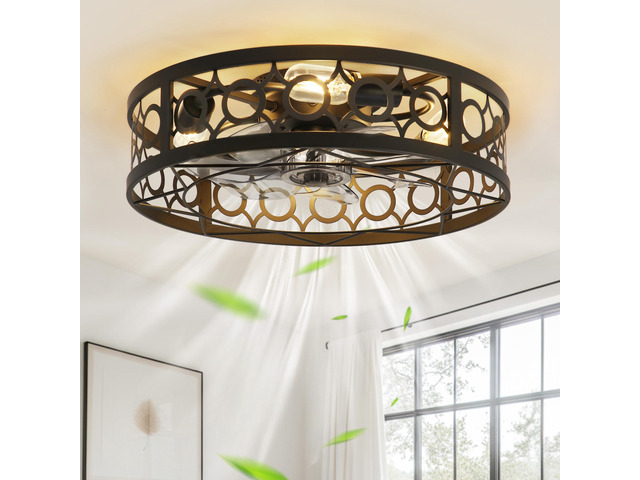 20 Inch Caged Flush Mount Ceiling Fans with Lights, Black Low Profile, Farmhouse, Bladeless Enclosed Fandelier, Small, 6 Speed, Quiet Reversible...