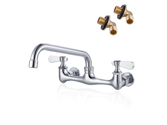 8' Center Wall Mount Commercial Kitchen Sink Faucet 8' Swivel Spout 2 Hole Solid Brass 3 Compartment Sink Faucet, Ceramic Cartridg, 1.8 GPM Swivel...