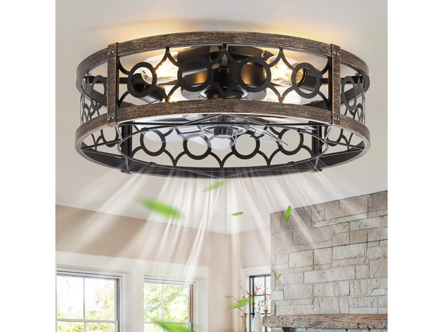 20 Inch Caged Flush Mount Ceiling Fans with Lights, Black Gold Low Profile, Farmhouse, Bladeless Enclosed Fandelier, Small, 6 Speed, Quiet...