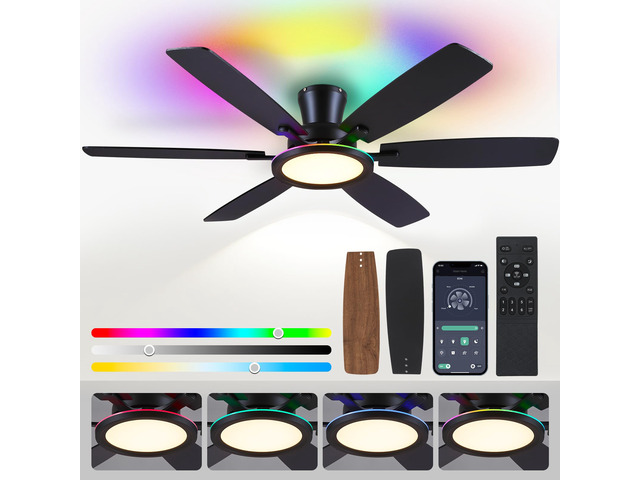55in Black Flush Mount Ceiling Fan - RGB Low Profile Ceiling Fan Light with Remote-APP, Dimmable and 3CCT, Modern Fan with RGB Light for Indoor and...