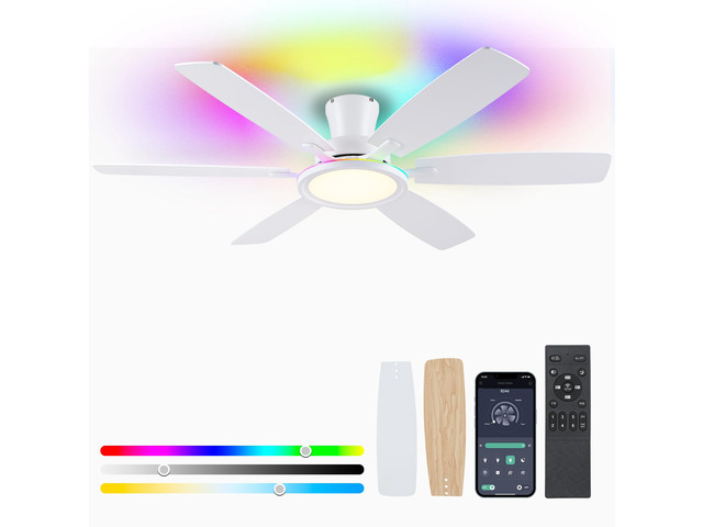55In Flush Mount Ceiling Fan with RGB Light - White Modern Ceiling Fan with 6 Dual-Sided Blades, Reversible DC Motor, Low Profile Fan Light Fixture...