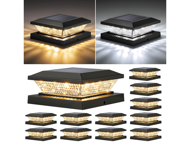 4x4 Solar Post Cap Lights Outdoor 12 Pack, Waterproof Solar Fence Light for Wooden/Vinyl Post, 2 Color Outside Deck Patio Porch Decor, Black