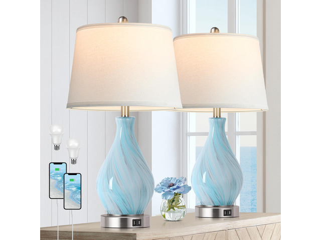 Modern Accent Table Lamp Set of 2 Touch Control, 22' Faded Swirl Blue Gray Art Glass Bedside Lamp with USB Ports, 3-Way Dimmable Hand Crafted...