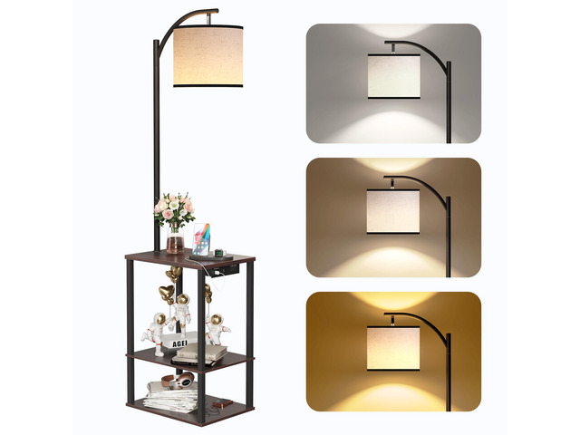 Floor Lamp with Table Shelves, End Side Table for Living Room USB & AC Charging Stations, 3 Color Temperature 9W LED Bulb, Adjustable Shade, Modern...