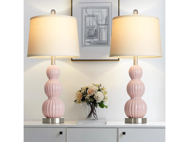 28' Pink Ceramic Table Lamps Set of 2, Modern Bedside Lamps for Night Stands, Triple Gourd Table Lamp for Living Room End Table or Bedroom...