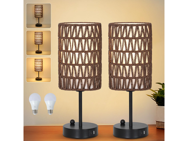 Bedside Lamps Set of 2, Touch Control Night Stand Lamp for Bedroom with Rattan & Linen Shade & Bulbs, 3 Way Dimmable Small Boho Table Lamps with...