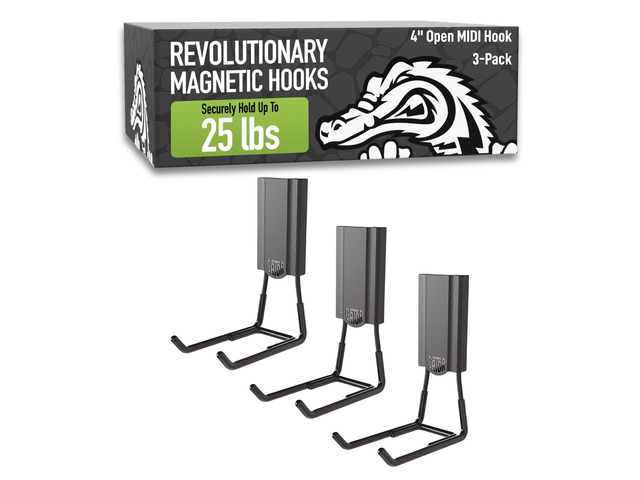 MIDI 4 in Black Open Hooks, 25 lb Magnetic Hooks 3 Pack Patented Easy-Release, Non-Slip Grip. Works on toolboxes, garage, steel cabinets,...