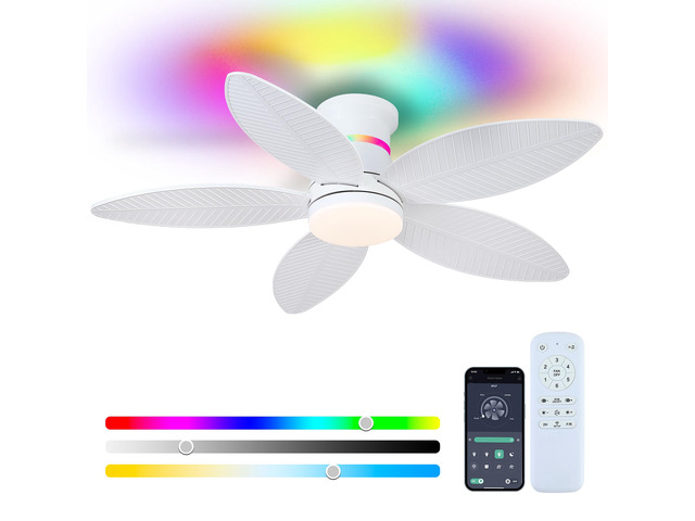 Tropical Palm Leaf RGB Ceiling Fans with Lights 46, White Flush Mount Ceiling Fan with Light and Remote, 3CCT Dimmable LED&&Side RGB Light,...
