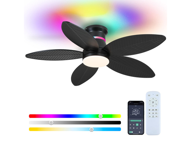 Tropical Palm Leaf RGB Ceiling Fans with Lights 46, Black Flush Mount Ceiling Fan with Light and Remote, 3CCT Dimmable LED&&Side RGB Light,...