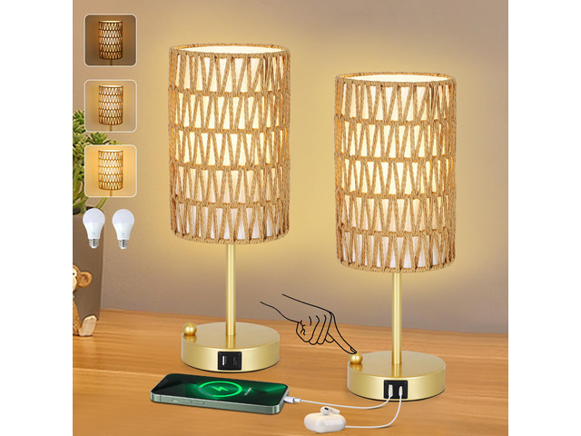 Gold Bedside Lamps Set of 2, Touch Control Night Stand Lamp for Bedroom with Rattan & Linen Shade & Bulbs, 3 Way Dimmable Small Boho Table Lamps...