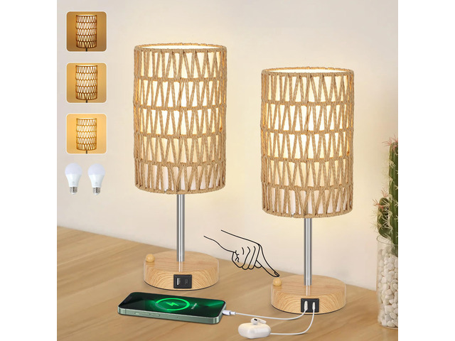 Bedside Lamps Set of 2 with Bulb, Touch Control Nightstand Lamp for Bedroom with Rattan & Linen Shade, 3 Way Dimmable Small Boho Table Lamps with...