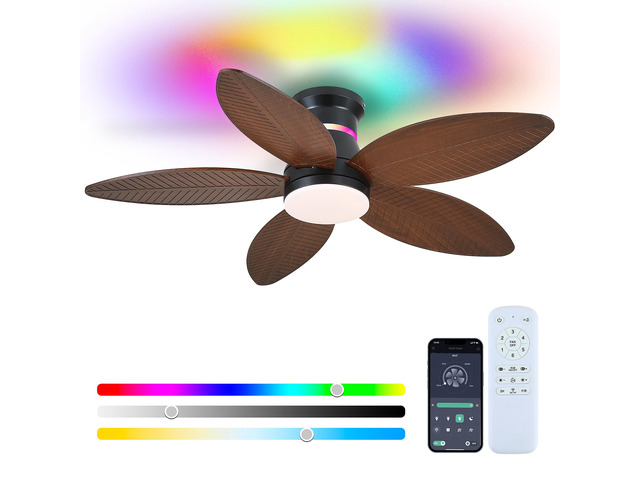 Tropical Palm Leaf RGB Ceiling Fans with Lights 46, Brown Flush Mount Ceiling Fan with Light and Remote, 3CCT Dimmable LED&&Side RGB Light,...