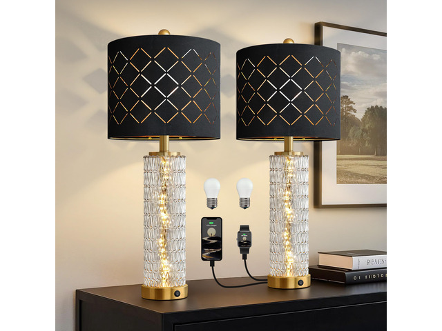 27.75' Modern Table Lamps Set of 2, Gold Bedside Lamp with Crystal Nightlight, USB A+C, Black Grid Shade, Unique Desk Lamps for Living Room,...