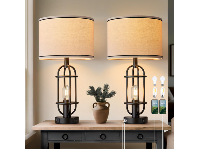 22.3 Farmhouse Table Lamps for Living Room Set of 2, Black Industrial Bedroom Lamps for Nightstands, End Table, Entryway, Dual Button Switch, USB...