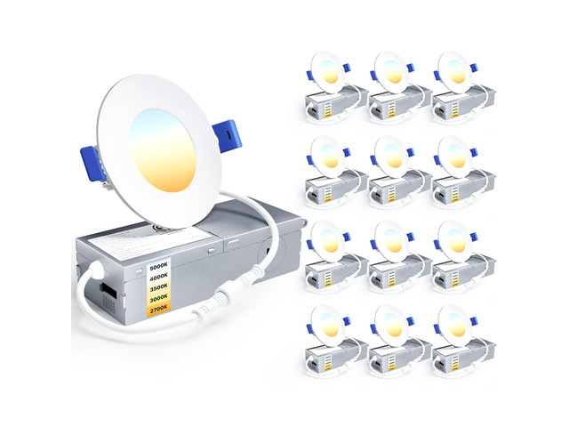 12 Pack 3 Inch LED Recessed Light, Canless, 5CCT Dimmable Wafer 5%-100% Dimmable, 2700K-5000K Selectable, 500LM 6W 120V, IC & Damp Rated, 50000h...