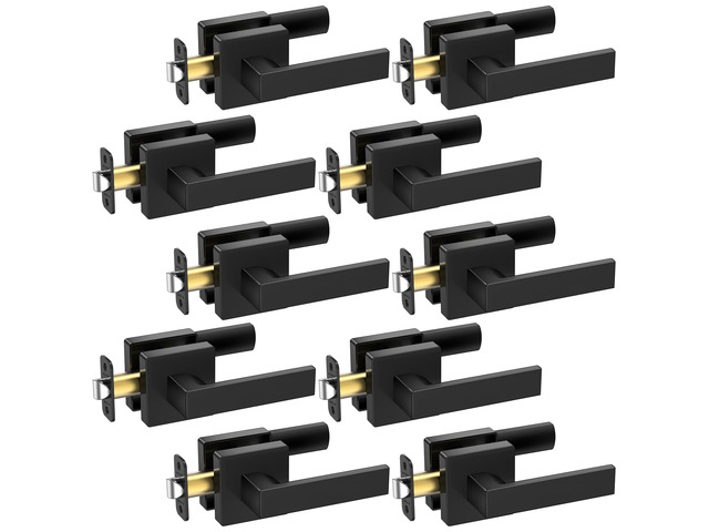 10PK Matte Black Door Handles Interior, Reversible Square Door Levers Knob for Hallway, Bedroom, Bathroom (No Lock, 10PK Passage)