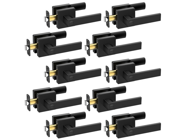 10PK Matte Black Door Handles Interior, Reversible Square Door Levers Knob for Hallway, Bedroom, Bathroom (with Lock, 10PK Privacy)