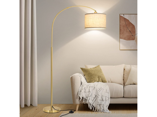 Gold Floor Lamp, Arc Floor Lamp for Living Room with Adjustable Drum Lampshade, Modern Tall Standing Lamp with On/Off Foot Switch, Over Couch...