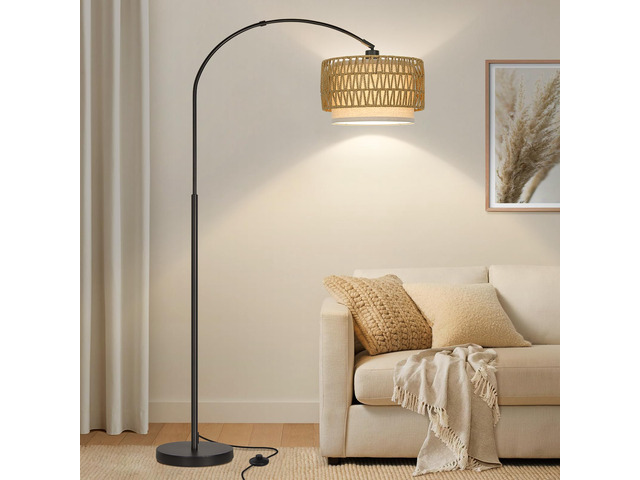 Rattan Floor Lamp, Arc Floor Lamps for Living Room, Farmhouse Standing Lamp with Adjustable Hanging Fabric Shade, Tall Pole Lamp with Foot Switch,...